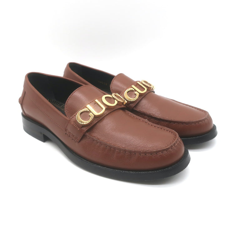 Gucci Cara Logo Loafers Brown Leather Size 39