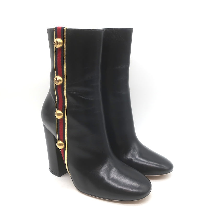 Gucci Carly Globe Buttoned Web Trim Mid-Calf Boots 