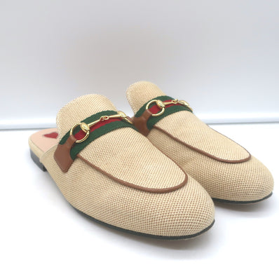 Gucci Charlotte Princetown Horsebit Web Mules Beige Canvas Size 38
