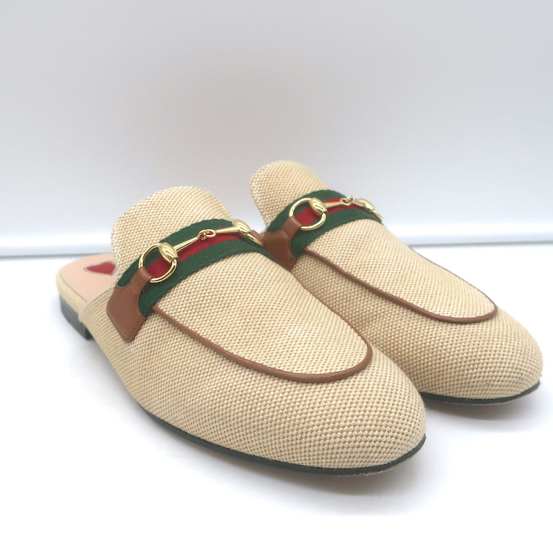 Gucci Charlotte Princetown Horsebit Web Mules Beige Canvas Size 38