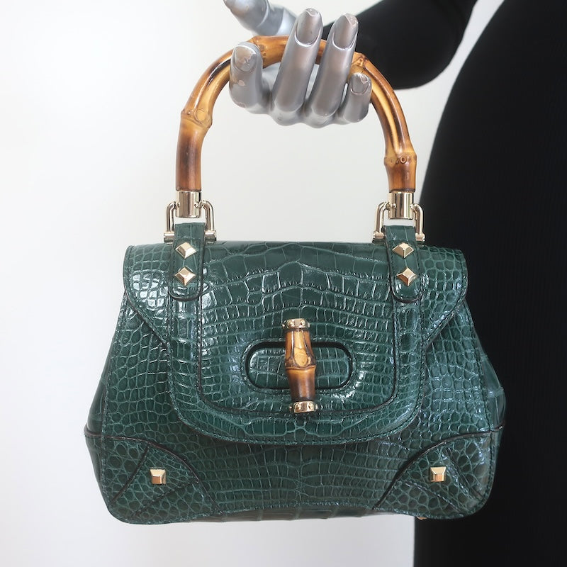Gucci Crocodile Mini Bamboo Top Handle Bag Emerald