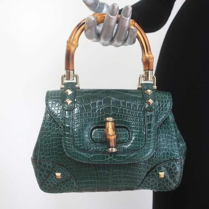 Gucci Crocodile Mini Bamboo Top Handle Bag Emerald
