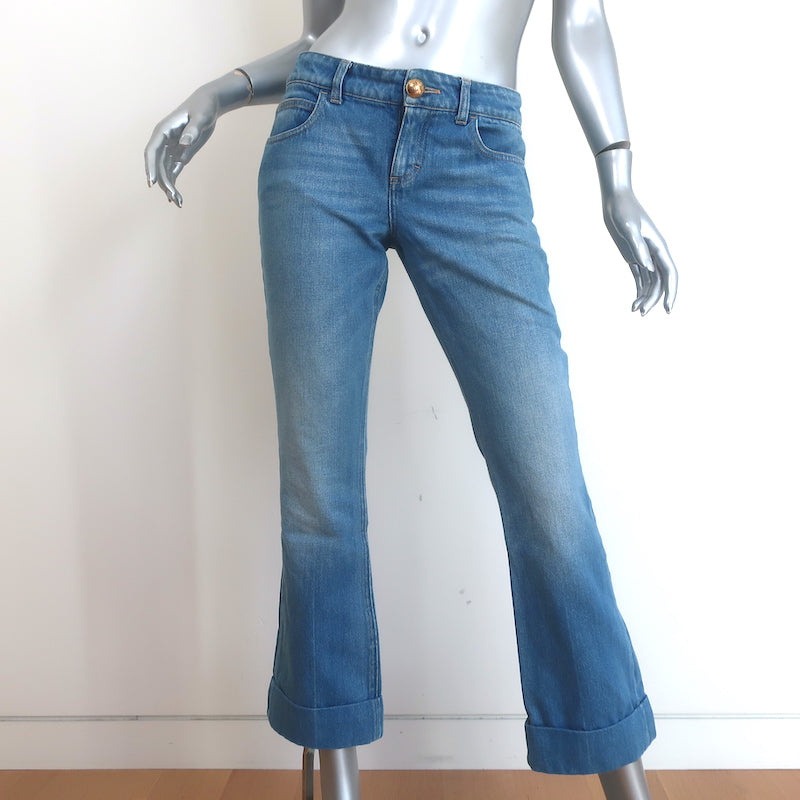 Gucci Cropped Skinny Flare Cuffed Jeans Light Blue Denim Size 40