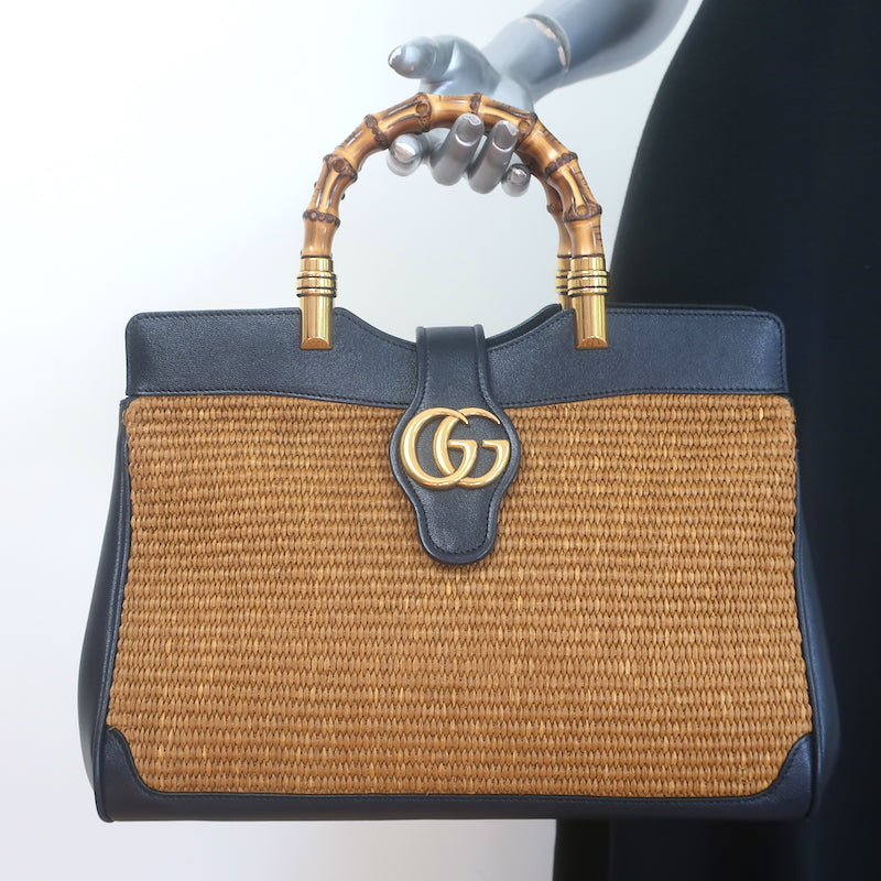 Gucci Dahlia Bamboo Handle Tote Brown Straw & Navy Leather