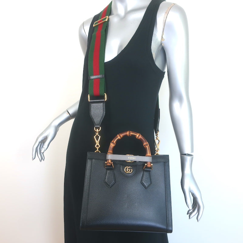 Gucci Diana Medium Tote Black Leather Bamboo-Handle Crossbody Bag