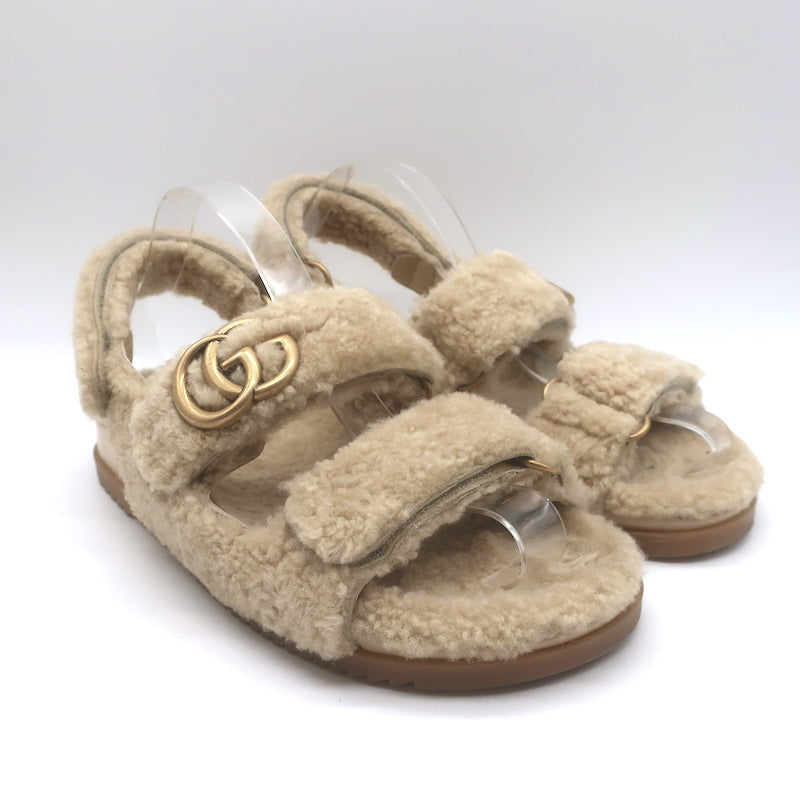 Gucci Double G Shearling Dad Sandals Beige Merino Wool Size 40