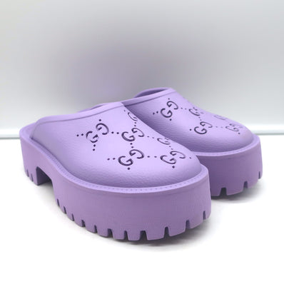 Gucci Elea perforated GG platform mules in lavender rubber, authentic pre-owned pair, size 38