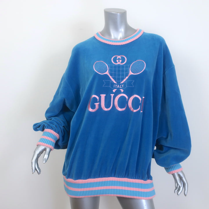 Gucci Embroidered Tennis Sweatshirt Blue Velour 