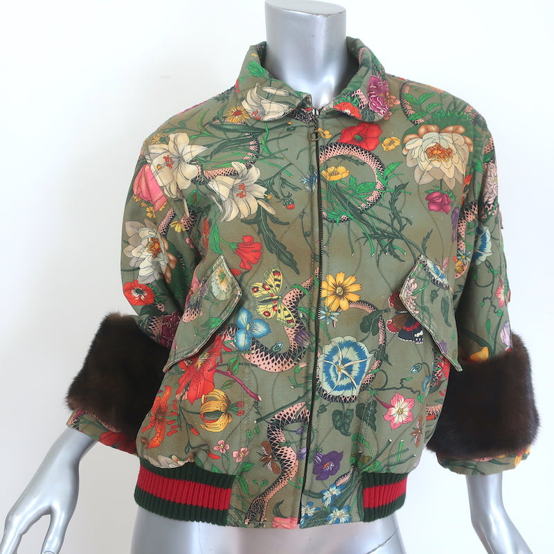 Gucci Flora Snake Mink-Cuff Denim Bomber Jacket Olive Size 38