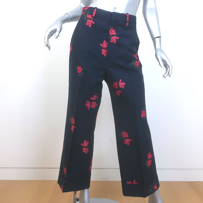 Gucci Floral Jacquard Wide Leg Trousers Navy Cotton-Wool Size 44