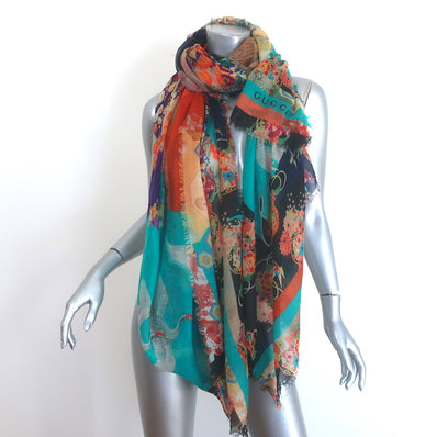 Gucci Floral Tiger Print Shawl Scarf Blue/Multicolor Fringed Gauze 83" X 47"