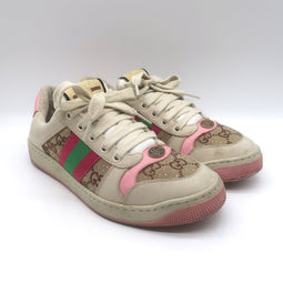 Gucci GG Crystal Screener Sneakers Ecru & Pink Leather Size 37
