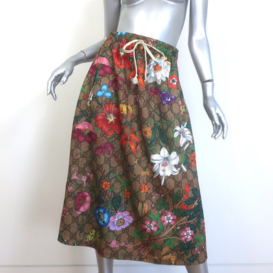 Gucci GG Flora Print Jersey Midi Skirt Brown/Multicolor Size Small