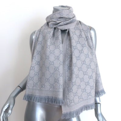 Gucci GG Jacquard Studded Scarf Light Gray Fringed Wool