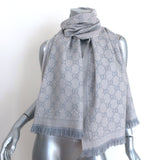 Gucci GG Jacquard Studded Scarf Light Gray Fringed Wool