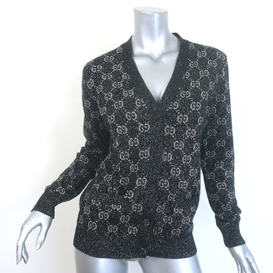 Gucci GG Lurex Jacquard Cardigan Charcoal/Silver Size Small V-Neck Sweater