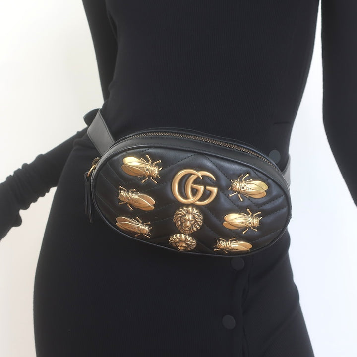 Gucci GG Marmont Animal Studs Matelasse Mini Belt Bag 