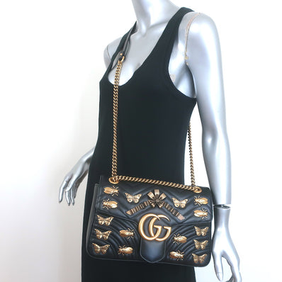 Gucci GG Marmont Animal Studs Medium Shoulder Bag Black Matelasse Leather
