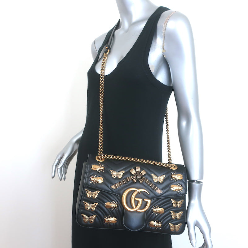 Gucci GG Marmont Animal Studs Medium Shoulder Bag Black Matelasse Leather