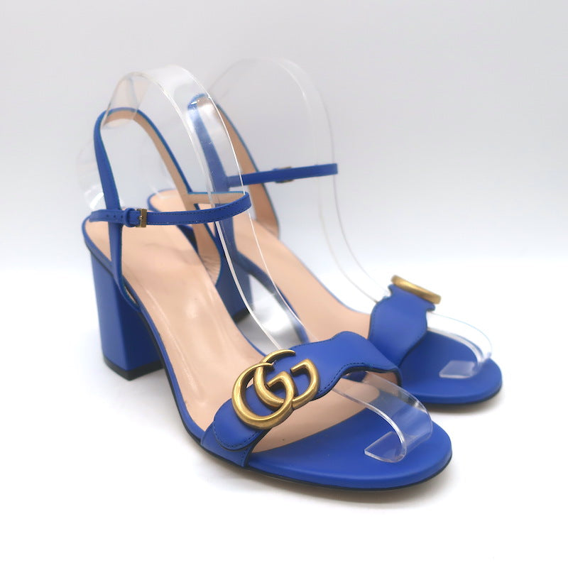 Gucci GG Marmont Ankle Strap Block Heel Sandals Blue