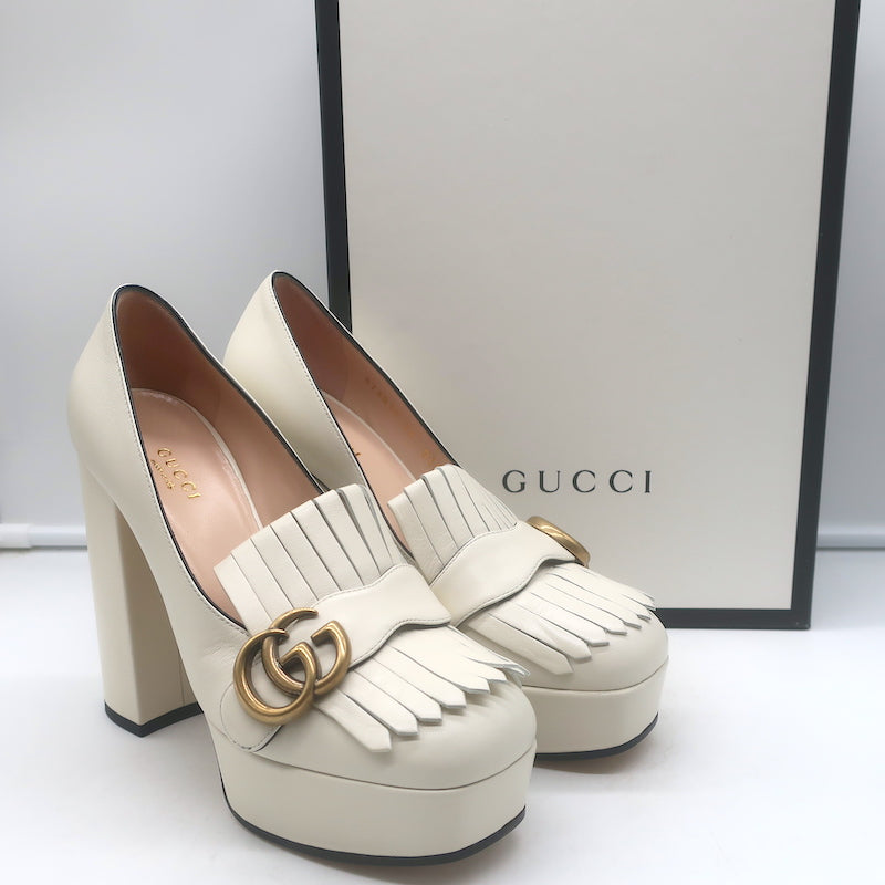 Gucci GG Marmont Fringe Platform Loafer Pumps Cream Leather