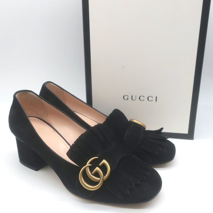 Gucci GG Marmont Fringed Loafer Pumps Black 