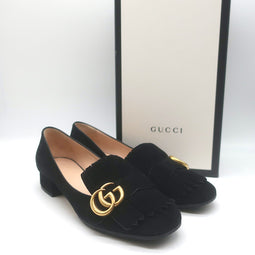 Gucci GG Marmont Fringed Loafers Black Suede Size 37
