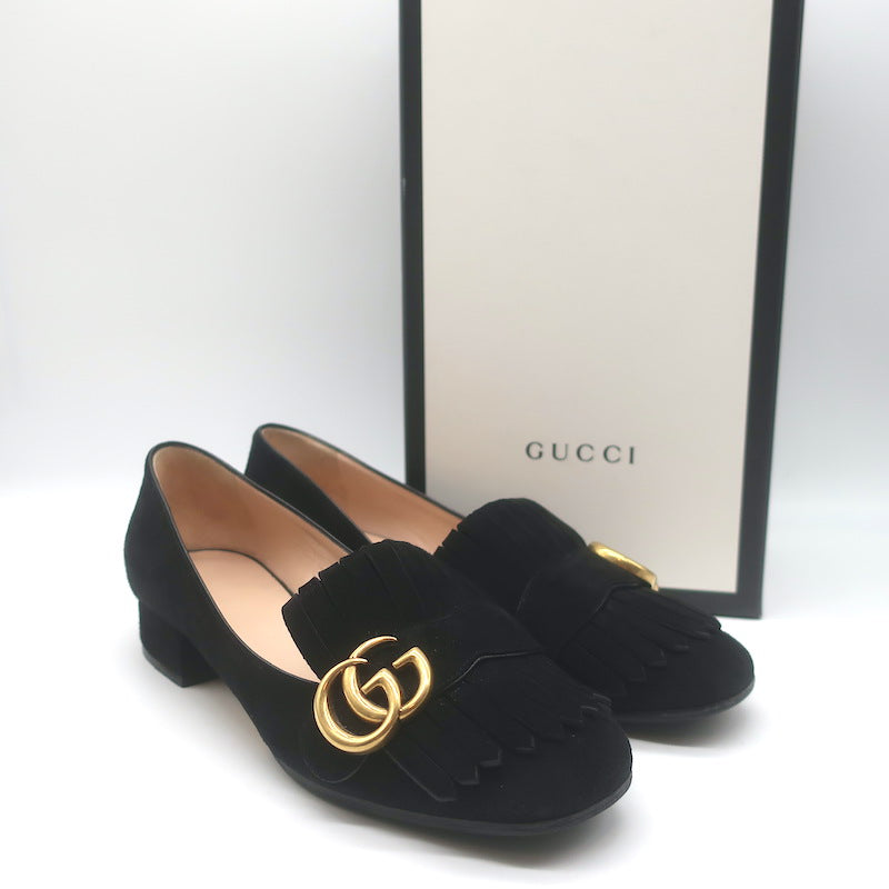 Gucci GG Marmont Fringed Loafers Black Suede Size 37