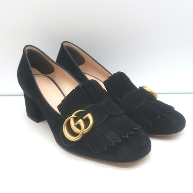 Gucci GG Marmont Fringed Suede Pumps Black Size 37.5
