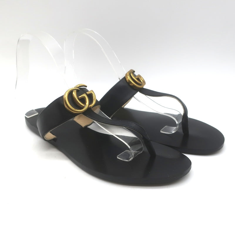 Gucci GG Marmont T-Strap Flat Thong Sandals Black Leather Size 40