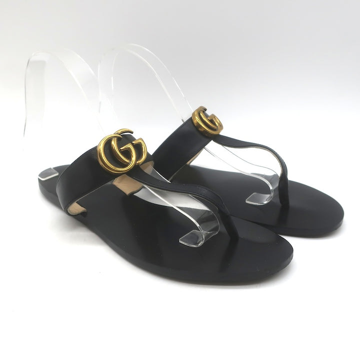 Gucci GG Marmont T-Strap Flat Thong Sandals Black Leather Size 40