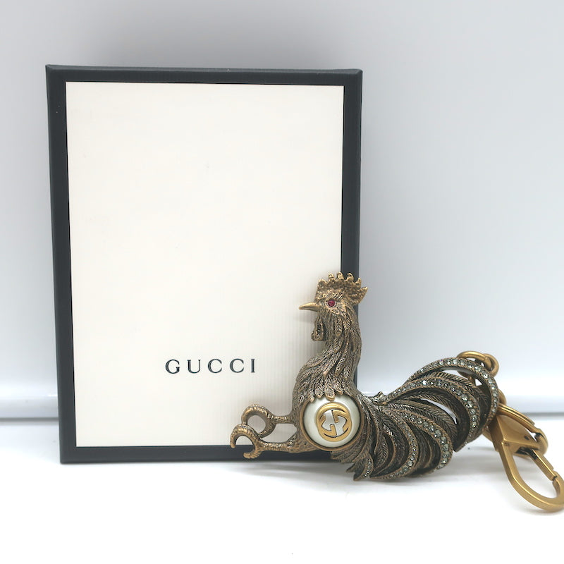 Gucci GG Pearl Chinese New Year Rooster Keychain Gold with Crystals