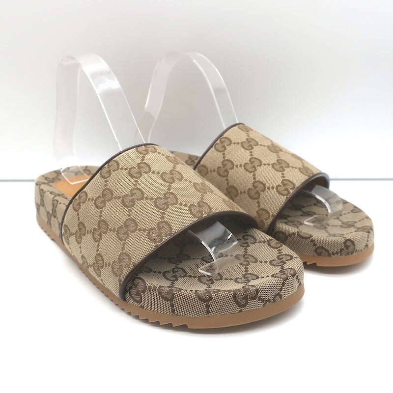 Gucci GG Supreme Slide Sandals Beige Monogram Canvas Size 7