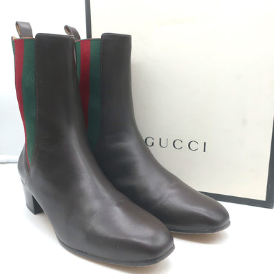 Gucci Karen Web Chelsea Boots Dark Brown Leather Size 41.5 Low-Heel Ankle Boots