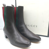 Gucci Karen Web Chelsea Boots Dark Brown Leather Size 41.5 Low-Heel Ankle Boots