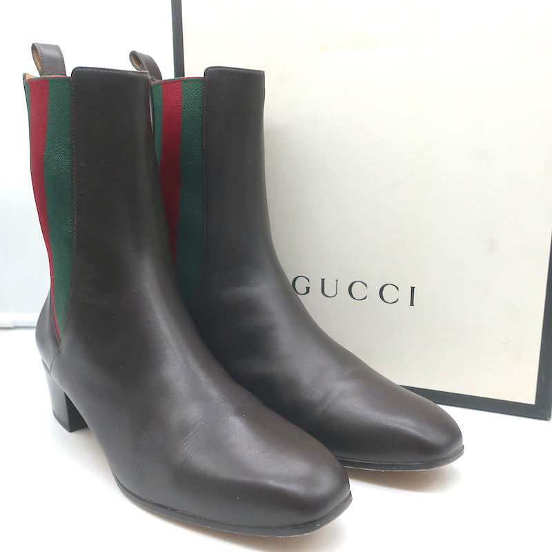 Gucci Karen Web Chelsea Boots Dark Brown Leather Size 41.5 Low-Heel Ankle Boots