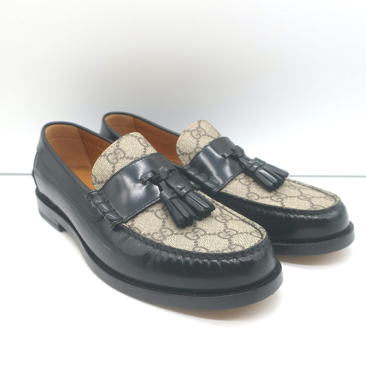 Gucci Kaveh GG Supreme Tassel Loafers Beige Canvas &amp; Black Leather Size 7.5 NEW
