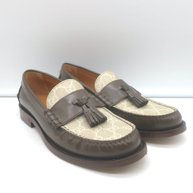 Gucci Kaveh GG Supreme Tassel Loafers Brown Leather & Beige Canvas Size 38