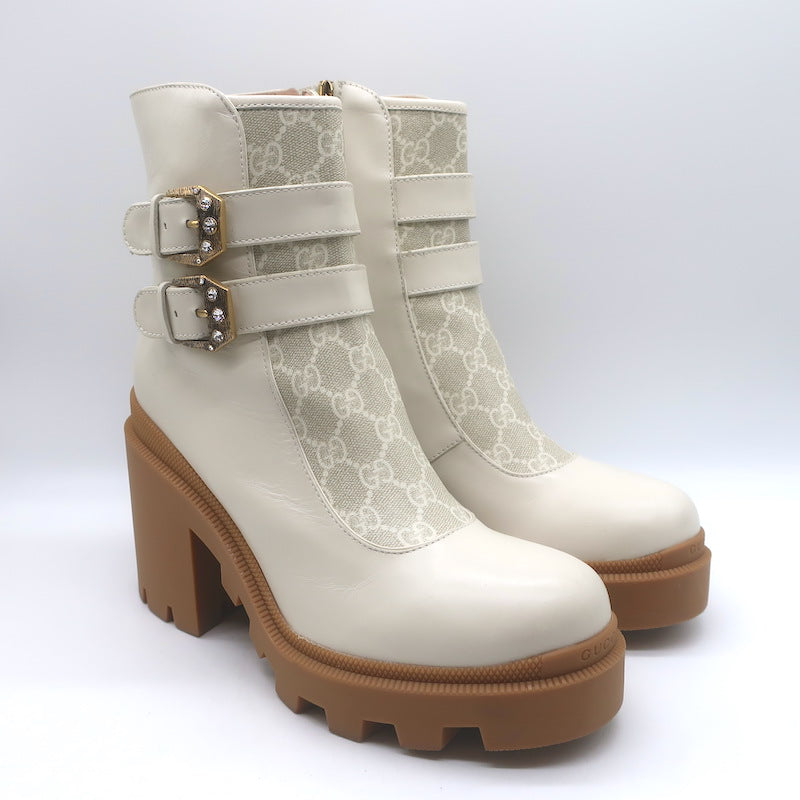 Gucci Kensington GG Supreme Crystal Buckle Boots Cream 