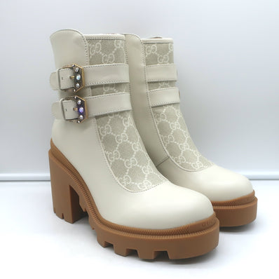 Gucci Kensington GG Supreme Crystal Buckle Boots Cream Canvas & Leather Size 38