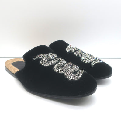 Gucci Lawrence Crystal Snake-Embroidered Slipper Mules Black Velvet Size 8
