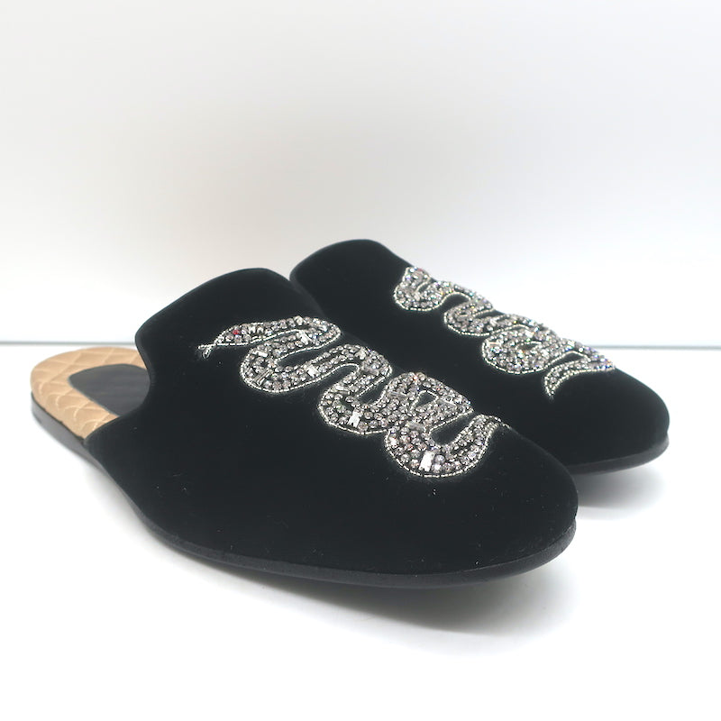 Gucci Lawrence Crystal Snake-Embroidered Slipper Mules Black Velvet Size 8