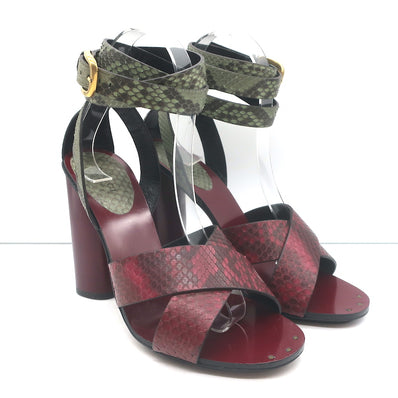 Gucci Lifford Snakeskin Ankle Wrap Sandals Burgundy/Olive Size 37.5 NEW