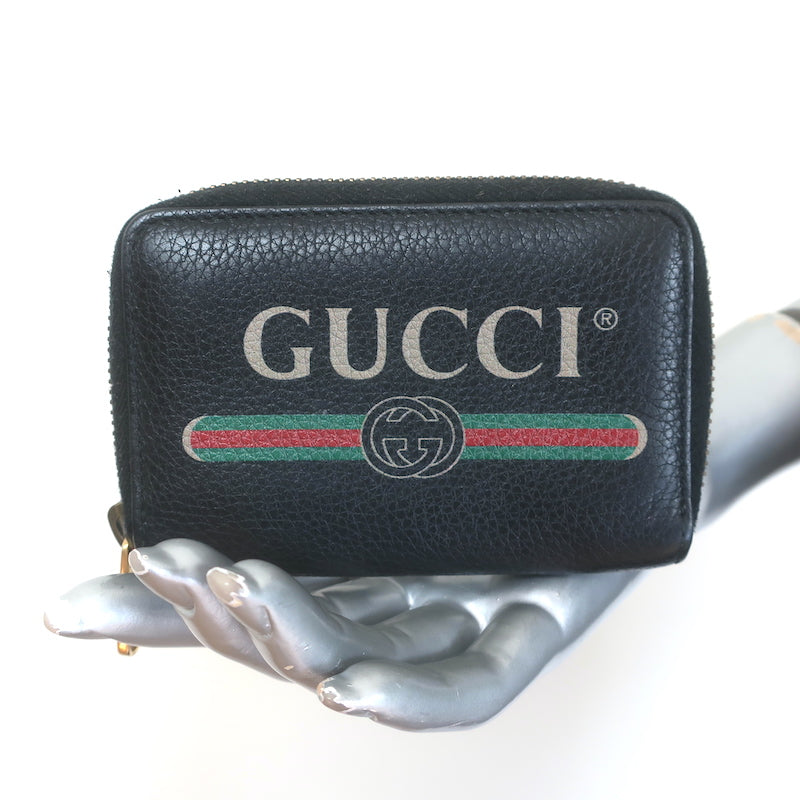 Gucci Logo Zip-Around Card Case Wallet Black Grained Leather