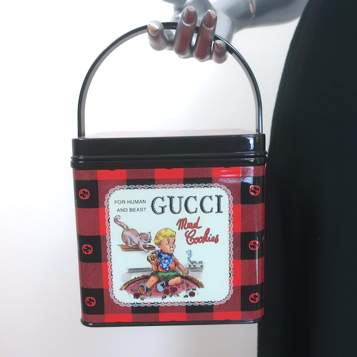 Gucci Mad Cookies Top Handle Lunchbox Bag Red &amp; Black Check Print Plastic NEW