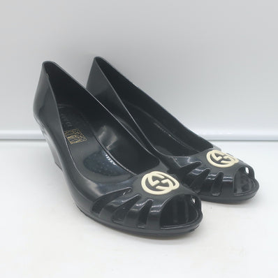 Gucci Marola Interlocking GG Peep Toe Jelly Wedge Pumps Black Size 38 NEW