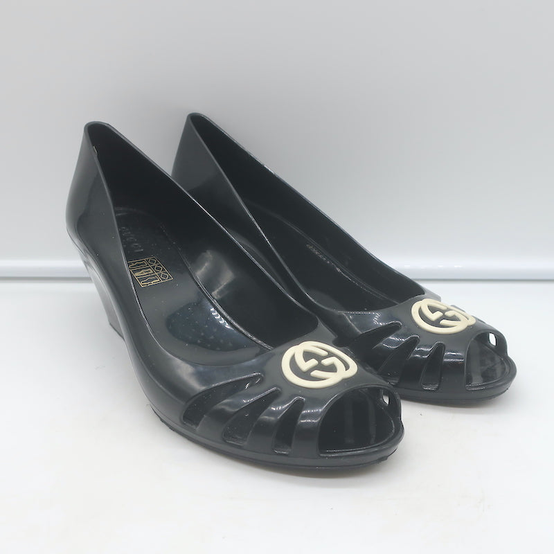 Gucci Marola Interlocking GG Peep Toe Jelly Wedge Pumps Black Size 38 NEW