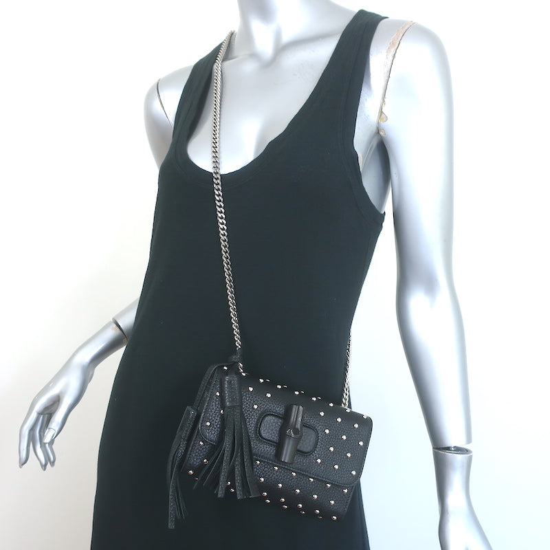 Gucci Miss Bamboo Studded Small Crossbody Black Leather Chain Strap Shoulder Bag