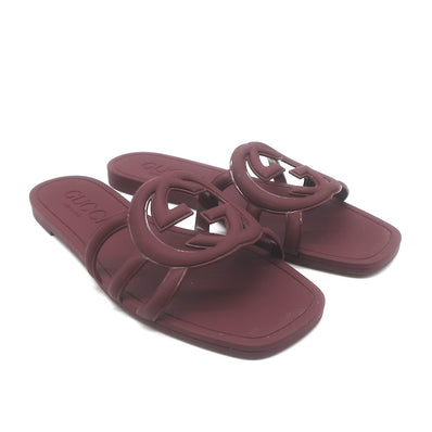 Gucci Palma Interlocking G Slide Sandals Burgundy Rubber Size 39