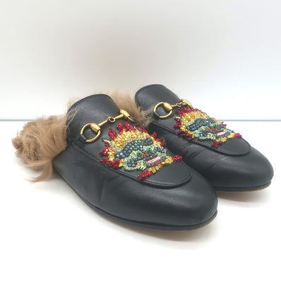 Gucci Princetown Crystal-Embroidered Fur Mules Black Leather Size 37.5